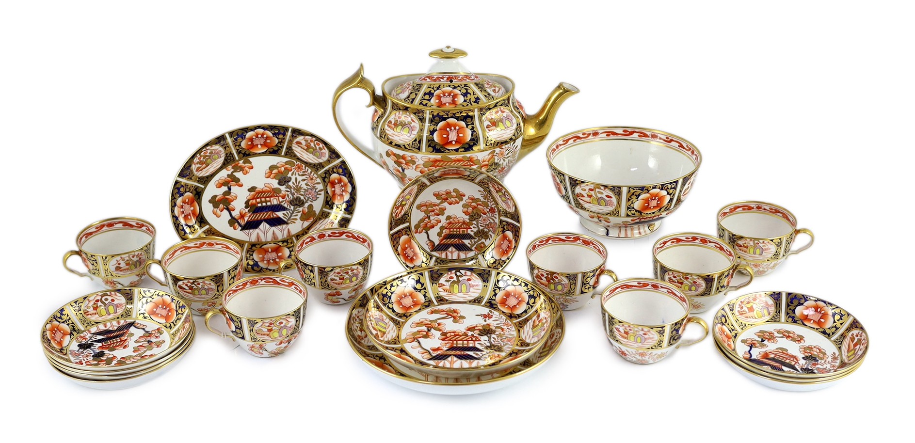 A Spode part tea service painted in Imari style with pattern 1956, c.1820